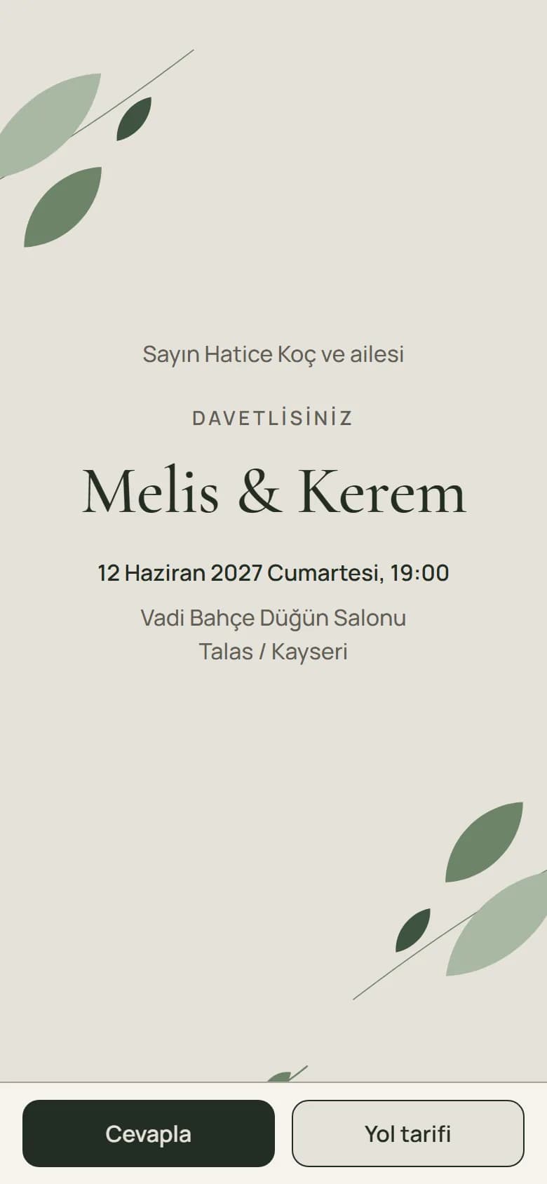 Botanik şablonu — davetiye ilk ekranı