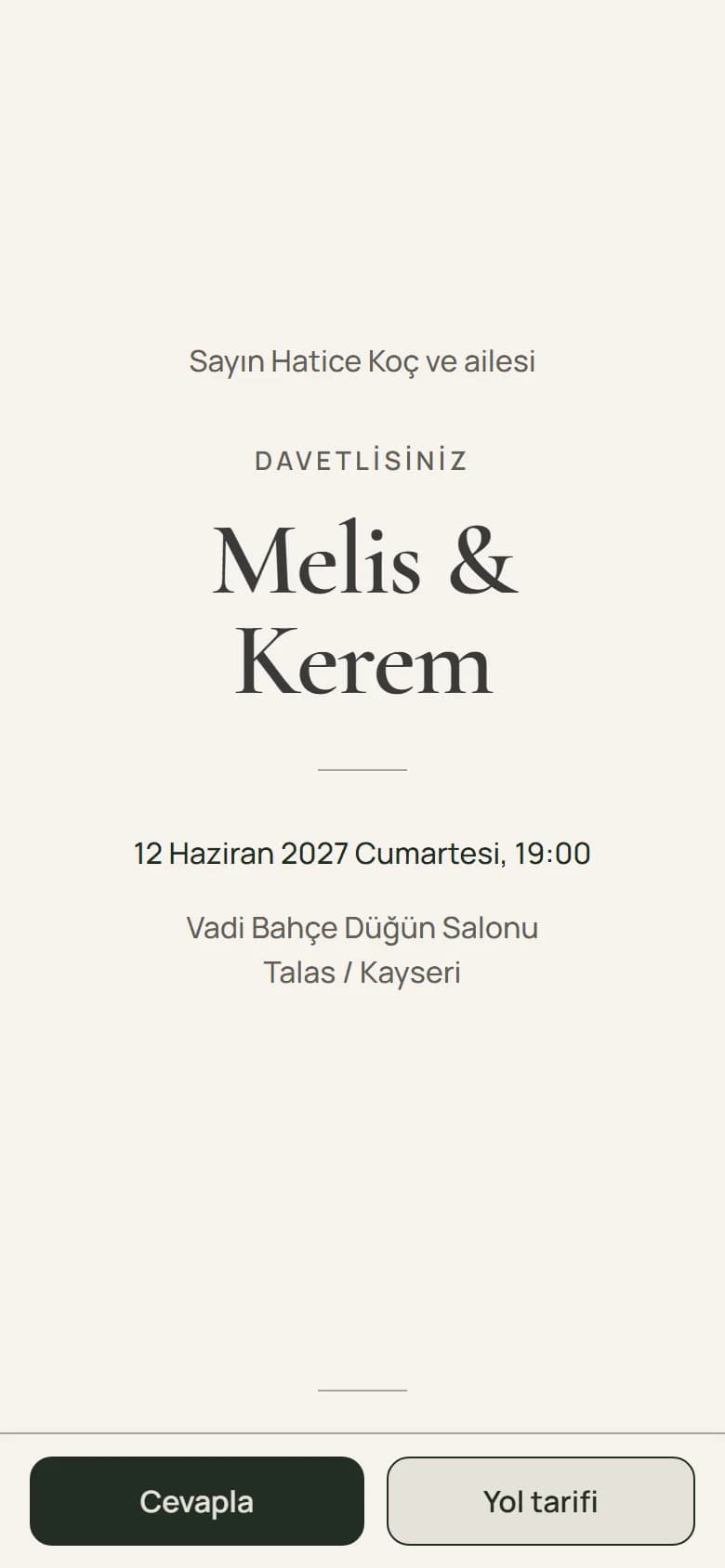 Sade şablonu — davetiye ilk ekranı